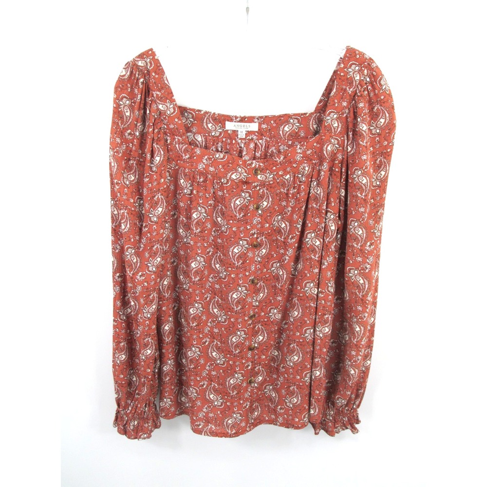 Angels Peasant Top Womens Medium Brown Floral Button Up Cottage Core Boho Blouse